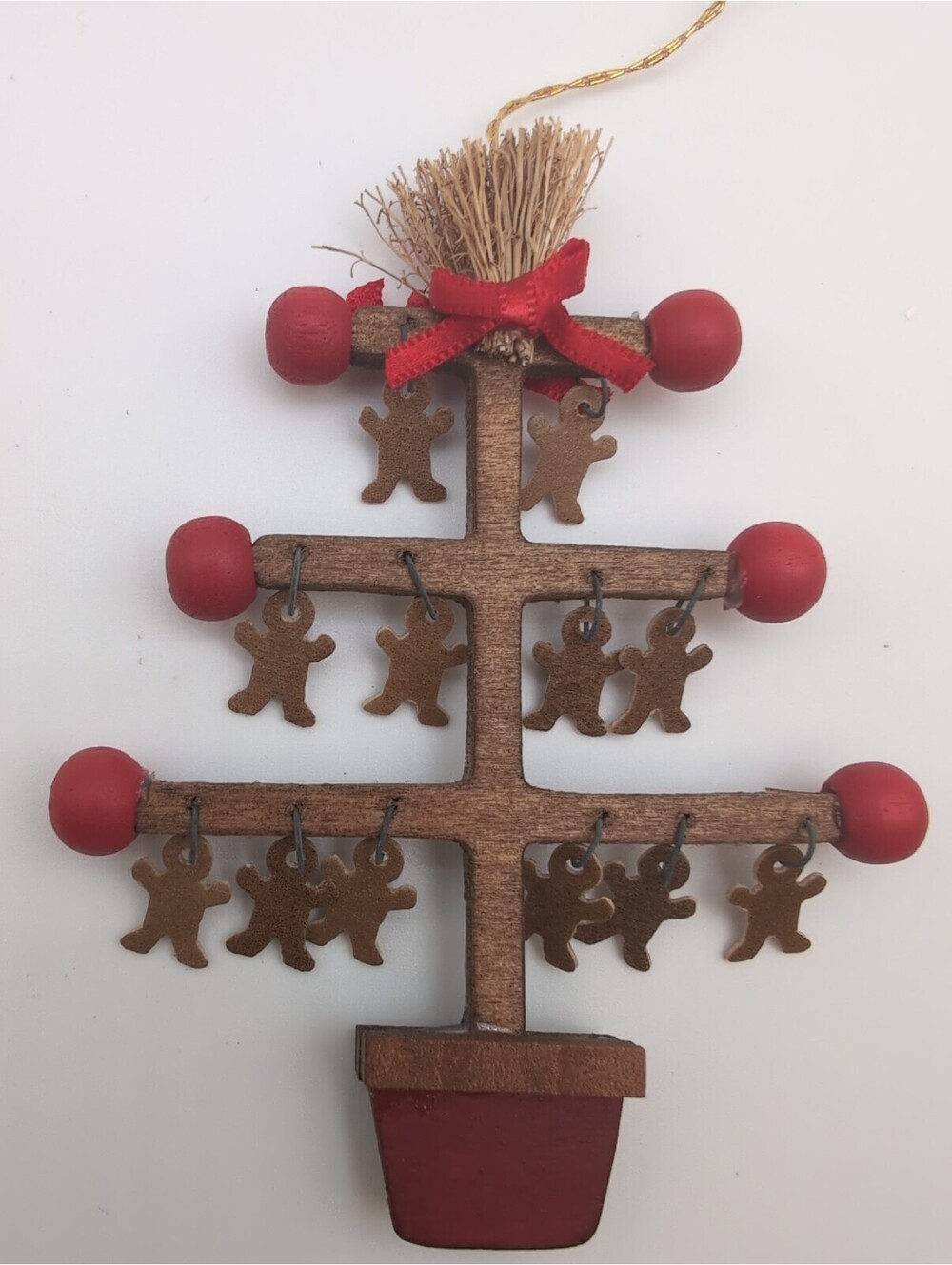Vintage Wood Apple Tree Christmas Ornament w/ Mini Gingerbread Men